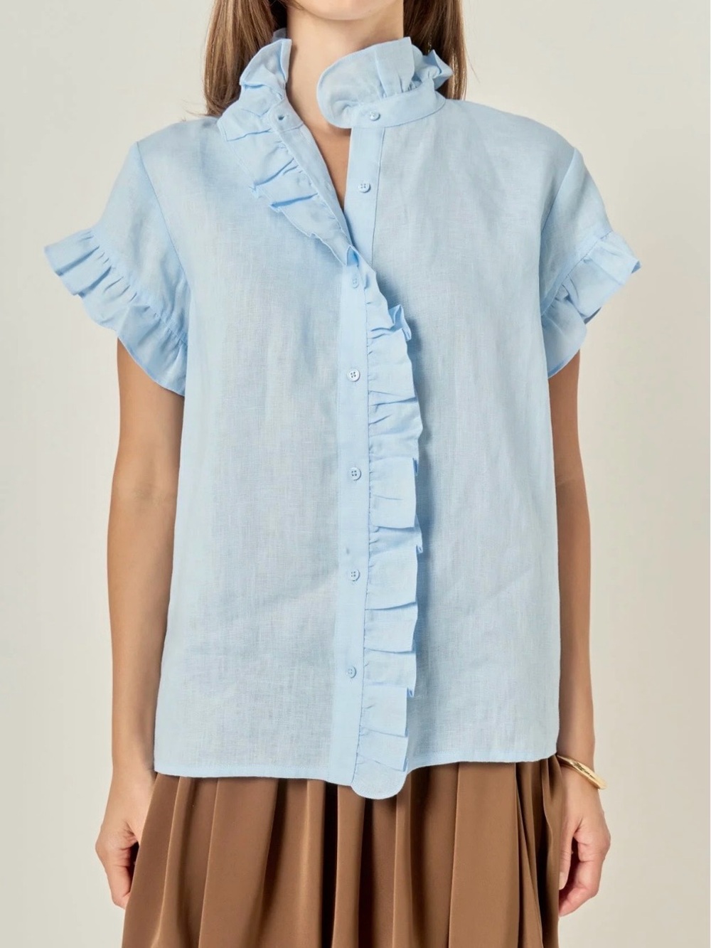 English Factory Light Blue Ruffle-Front Short Sleeve Blouse